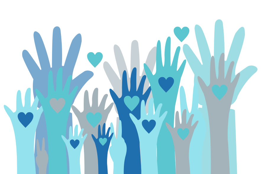 mains nombreuses de différents bleus, levées avec un cœur