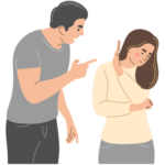 un homme menace une femme de son doigt, elle tourne la tête et refuse d'une main d'entendre ce qu'il a à dire